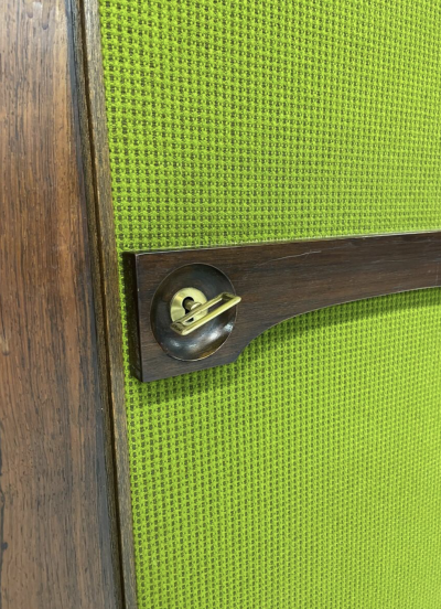 Mid Century Modern Italian Wooden Wardrobe Wood and Green Fabric 1960s