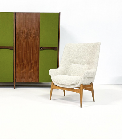 Mid Century Modern Italian Wooden Wardrobe Wood and Green Fabric 1960s