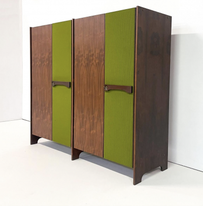 Mid Century Modern Italian Wooden Wardrobe Wood and Green Fabric 1960s