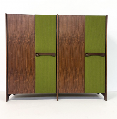 Mid Century Modern Italian Wooden Wardrobe Wood and Green Fabric 1960s