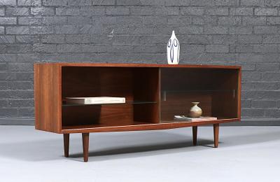 Mid Century Modern Low Walnut Glass Bookcase Credenza