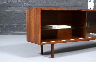 Mid Century Modern Low Walnut Glass Bookcase Credenza