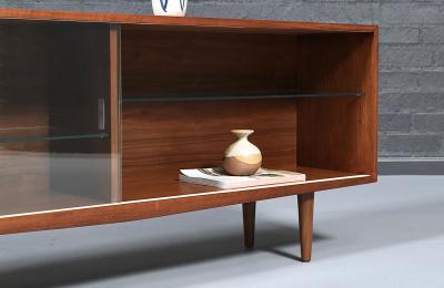Mid Century Modern Low Walnut Glass Bookcase Credenza
