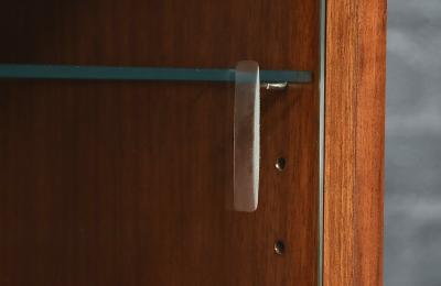 Mid Century Modern Low Walnut Glass Bookcase Credenza