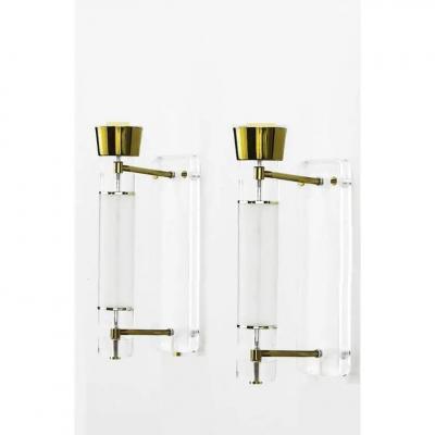 Mid Century Modern Lucite Glass Brass Sconces a Pair