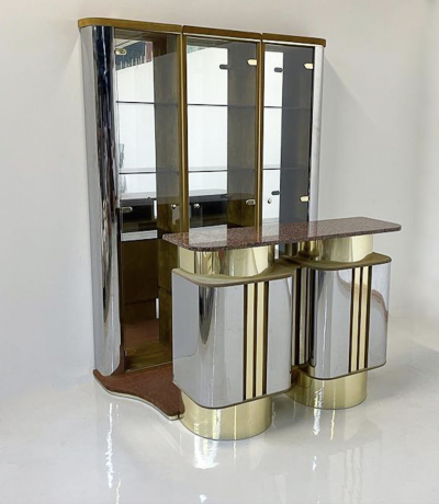 Mid Century Modern Mirror Suede and Metal Bar with Red Marble Top Italy 1970s