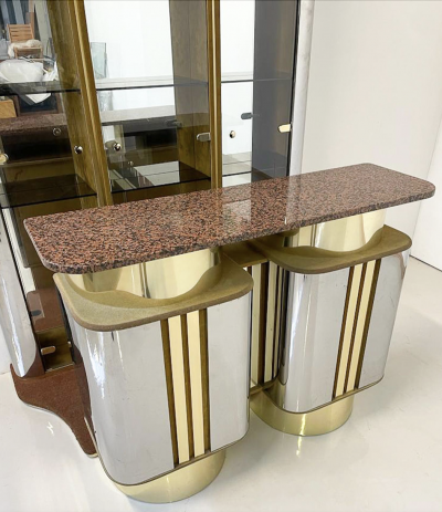 Mid Century Modern Mirror Suede and Metal Bar with Red Marble Top Italy 1970s