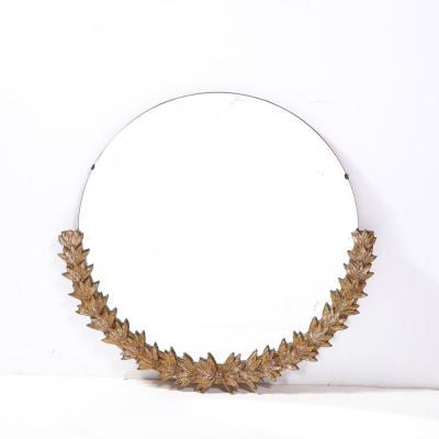 Mid Century Modern Mirror with Bronze Crest Detailing