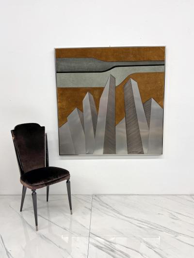 Mid Century Modern Mixed Media Large Scale Cityscape Artwork in Suede and Steel