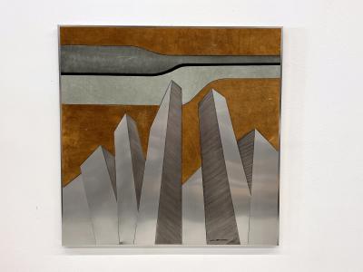 Mid Century Modern Mixed Media Large Scale Cityscape Artwork in Suede and Steel