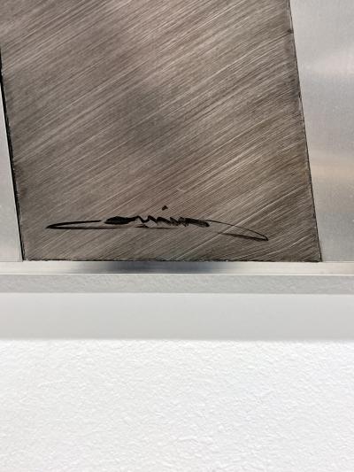 Mid Century Modern Mixed Media Large Scale Cityscape Artwork in Suede and Steel