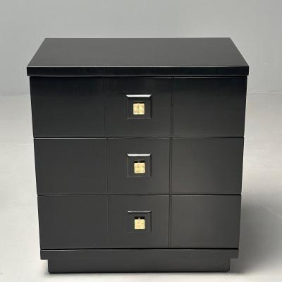 Mid Century Modern Nightstands Chests Black Lacquer Brass USA 1970s