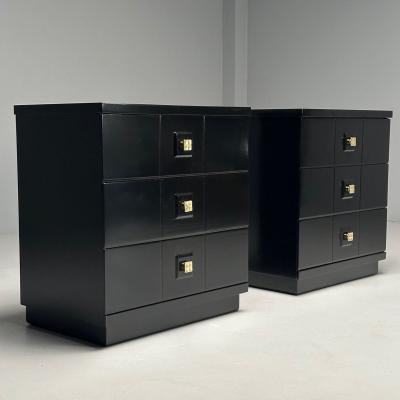 Mid Century Modern Nightstands Chests Black Lacquer Brass USA 1970s