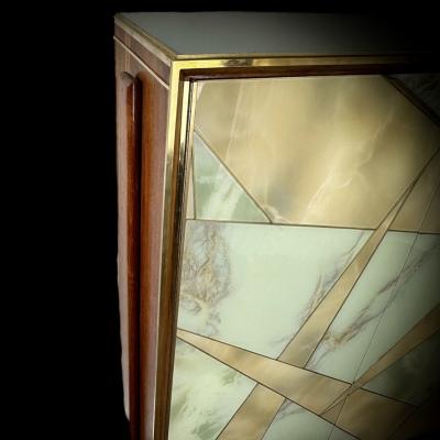 Mid Century Modern Oak Wood Brass Mirror Murano Art Glass Dry Bar Cabinet