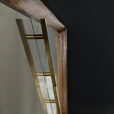 Mid Century Modern Oak Wood Brass Mirror Murano Art Glass Dry Bar Cabinet