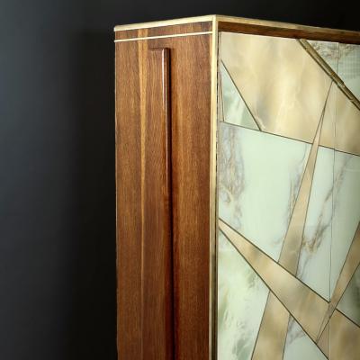 Mid Century Modern Oak Wood Brass Mirror Murano Art Glass Dry Bar Cabinet