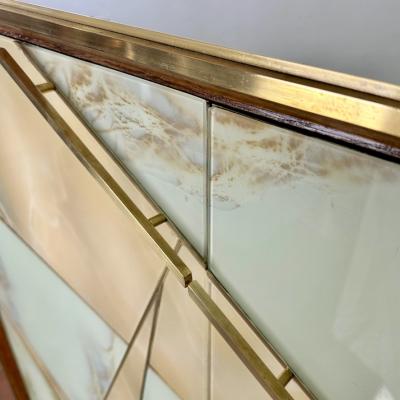 Mid Century Modern Oak Wood Brass Mirror Murano Art Glass Dry Bar Cabinet