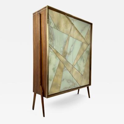 Mid Century Modern Oak Wood Brass Mirror Murano Art Glass Dry Bar Cabinet