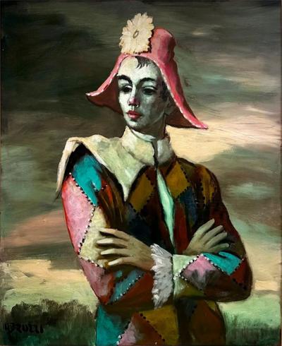 Mid Century Modern Oil Painting of a Harlequin or Pierrot by Abuzzi