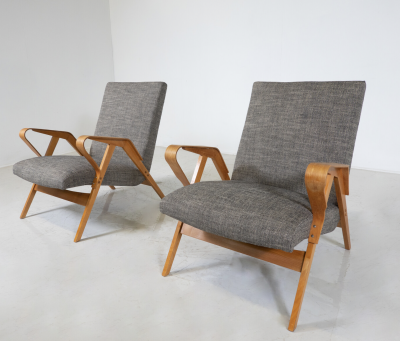Mid Century Modern Pair of Armchairs 1950s Czech Republic New Upholstery 