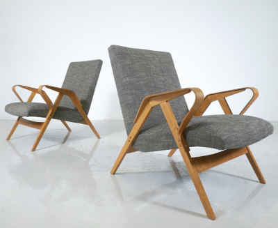 Mid Century Modern Pair of Armchairs 1950s Czech Republic New Upholstery 
