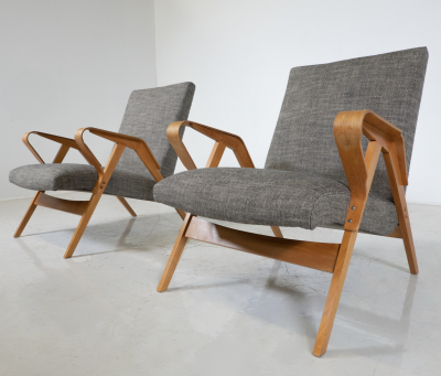 Mid Century Modern Pair of Armchairs 1950s Czech Republic New Upholstery 