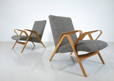 Mid Century Modern Pair of Armchairs 1950s Czech Republic New Upholstery 