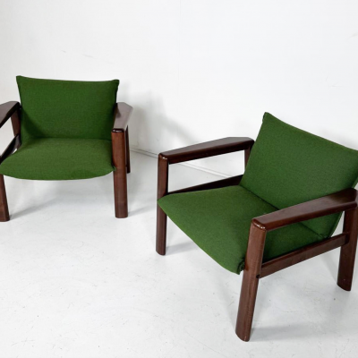 Mid Century Modern Pair of Armchairs Green Fabric and Wood Italy 1960s