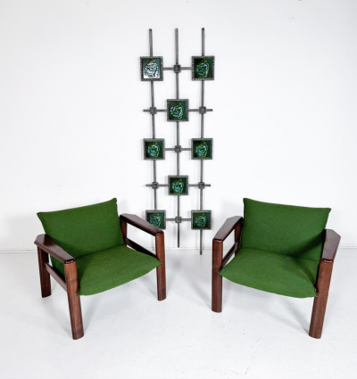 Mid Century Modern Pair of Armchairs Green Fabric and Wood Italy 1960s