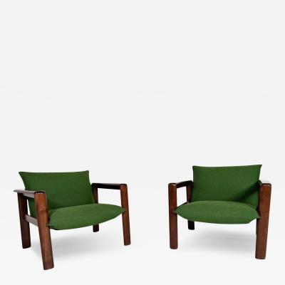 Mid Century Modern Pair of Armchairs Green Fabric and Wood Italy 1960s