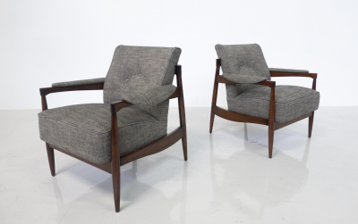 Mid Century Modern Pair of Armchairs Wood and Grey Fabric Italy 1960s