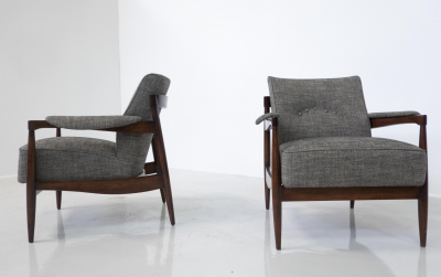 Mid Century Modern Pair of Armchairs Wood and Grey Fabric Italy 1960s