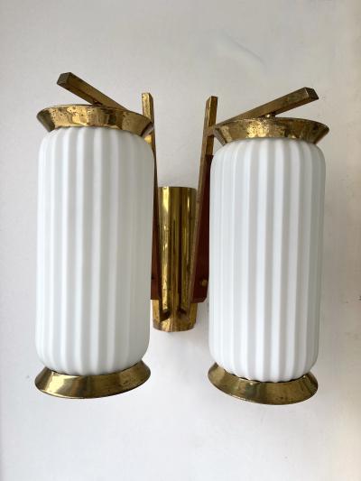 Mid Century Modern Pair of Brass and Opaline Glass Barrel Sconces Italy 1950s