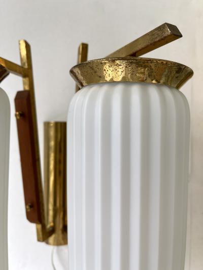 Mid Century Modern Pair of Brass and Opaline Glass Barrel Sconces Italy 1950s