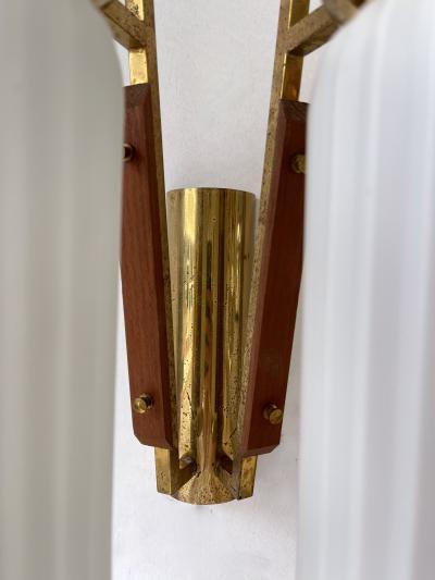 Mid Century Modern Pair of Brass and Opaline Glass Barrel Sconces Italy 1950s