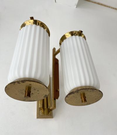 Mid Century Modern Pair of Brass and Opaline Glass Barrel Sconces Italy 1950s