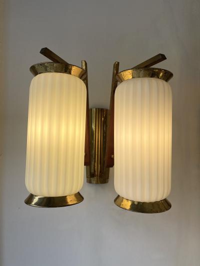 Mid Century Modern Pair of Brass and Opaline Glass Barrel Sconces Italy 1950s