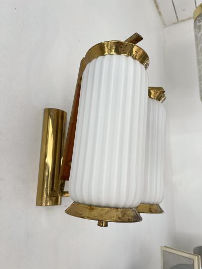 Mid Century Modern Pair of Brass and Opaline Glass Barrel Sconces Italy 1950s