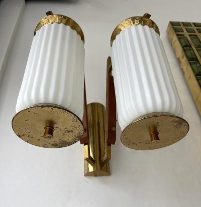 Mid Century Modern Pair of Brass and Opaline Glass Barrel Sconces Italy 1950s