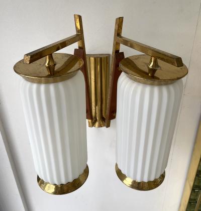Mid Century Modern Pair of Brass and Opaline Glass Barrel Sconces Italy 1950s
