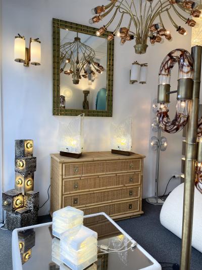 Mid Century Modern Pair of Brass and Opaline Glass Barrel Sconces Italy 1950s