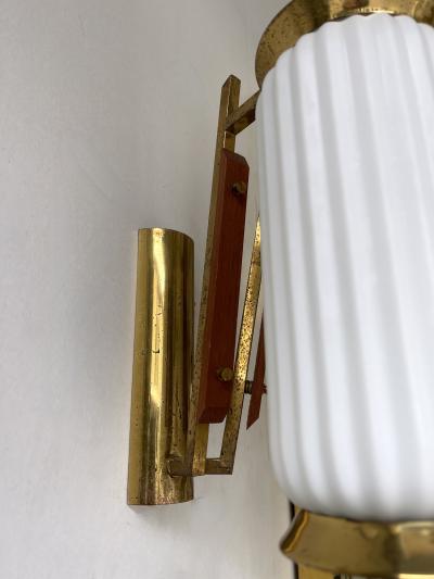 Mid Century Modern Pair of Brass and Opaline Glass Barrel Sconces Italy 1950s