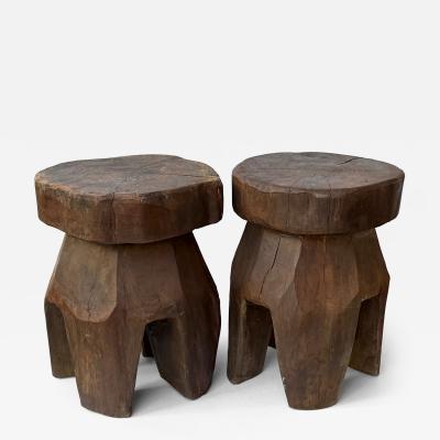 Mid Century Modern Pair of Brutalist Massive Wood Mushroom Stools Italy 1960s