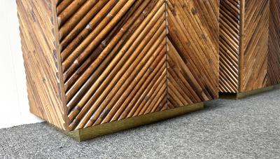 Mid Century Modern Pair of Rattan Malacca Brass Cupboards Cabinets Italy 1980s