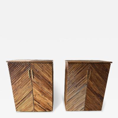 Mid Century Modern Pair of Rattan Malacca Brass Cupboards Cabinets Italy 1980s