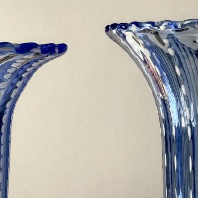 Mid Century Modern Pair of Tall Blue Ribbed Murano Glass Vases