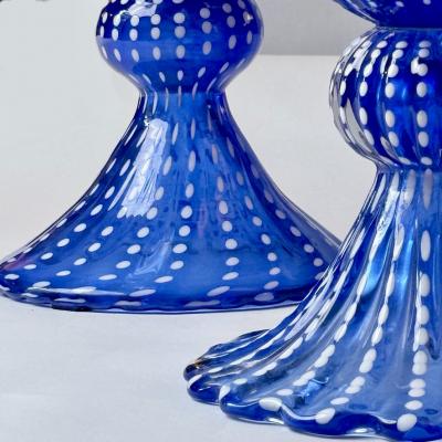 Mid Century Modern Pair of Tall Blue Ribbed Murano Glass Vases