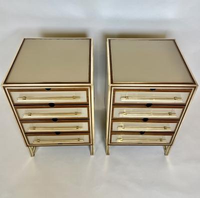 Mid Century Modern Pair of Wood Brass Beige Opaline Glass Night Stands