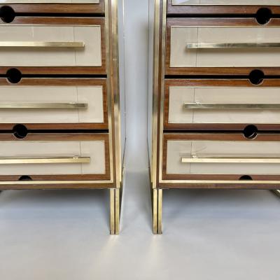 Mid Century Modern Pair of Wood Brass Beige Opaline Glass Night Stands