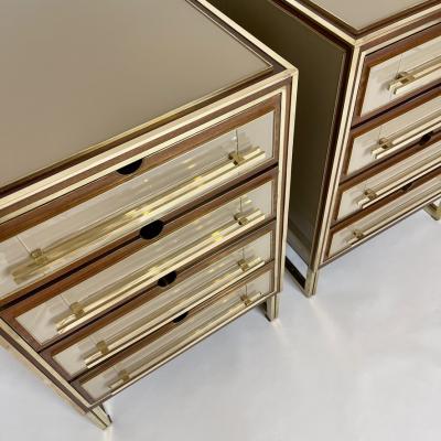 Mid Century Modern Pair of Wood Brass Beige Opaline Glass Night Stands